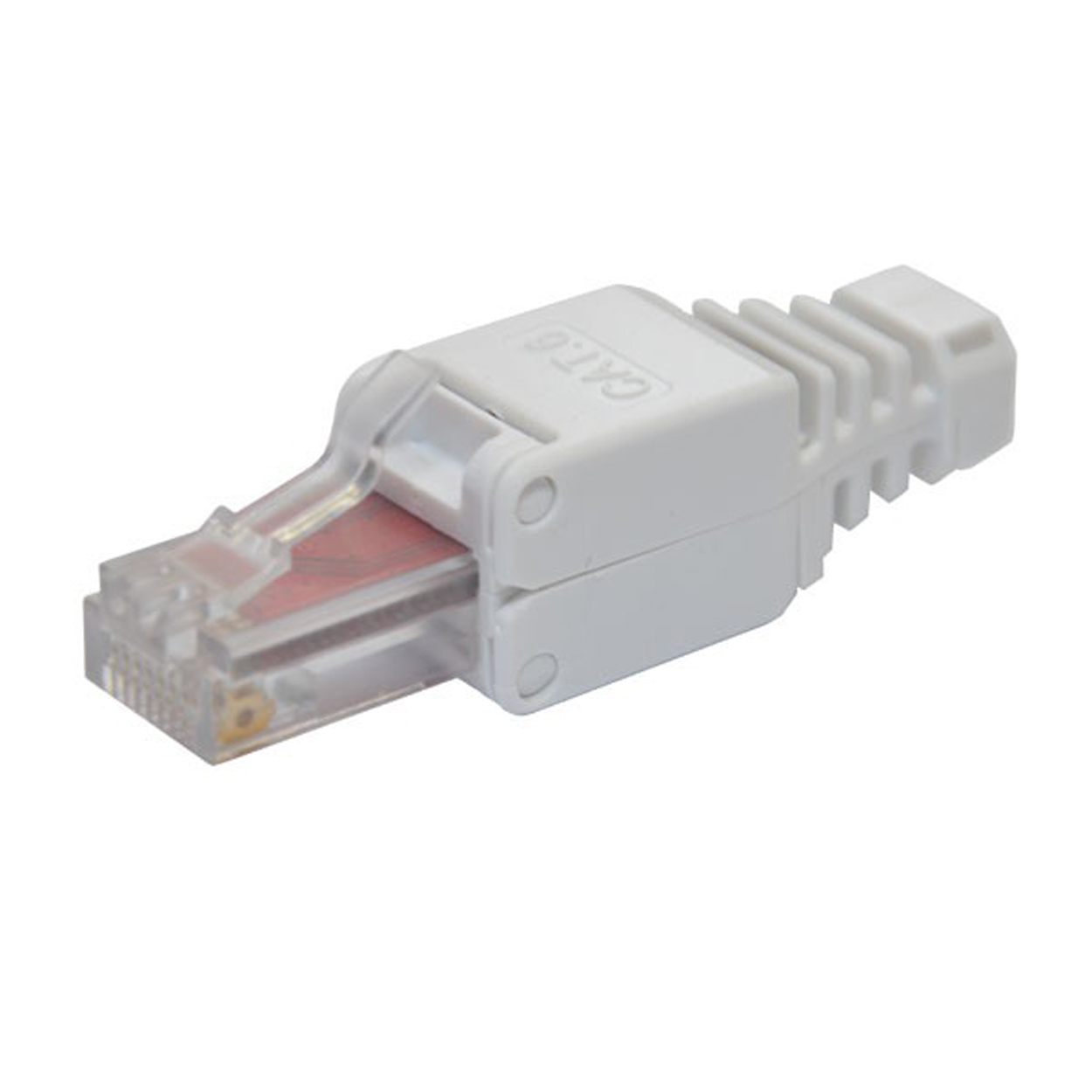 Ein weißer CAT6-Stecker mit transparenter Kunststoffhülle und roten Drähten.