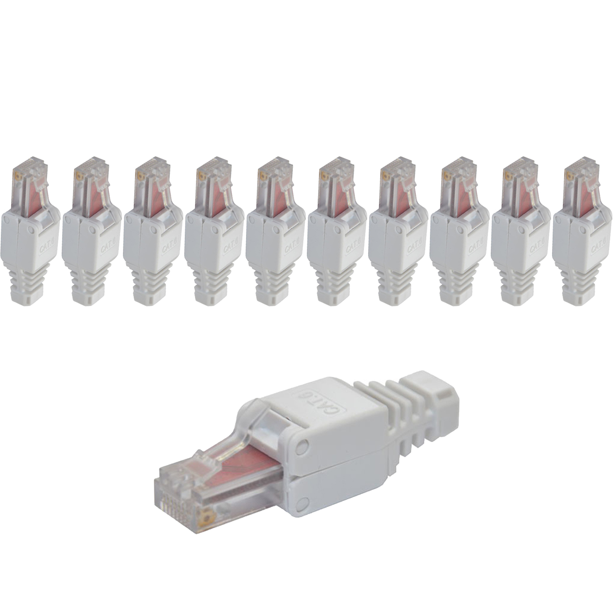 Zehn weiße CAT6-Stecker, einer vorne, neun hinten.