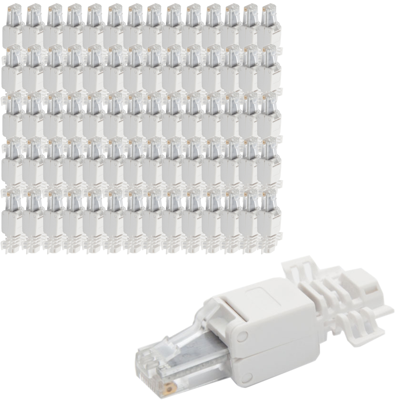 Ein Bündel weißer RJ45-Steckverbinder und ein einzelner Stecker.