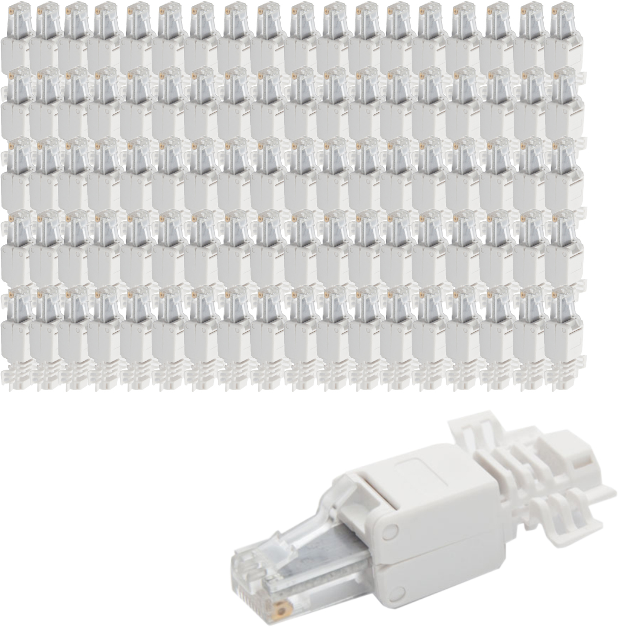 Viele weiße RJ45-Steckverbinder, ein Stecker im Vordergrund.