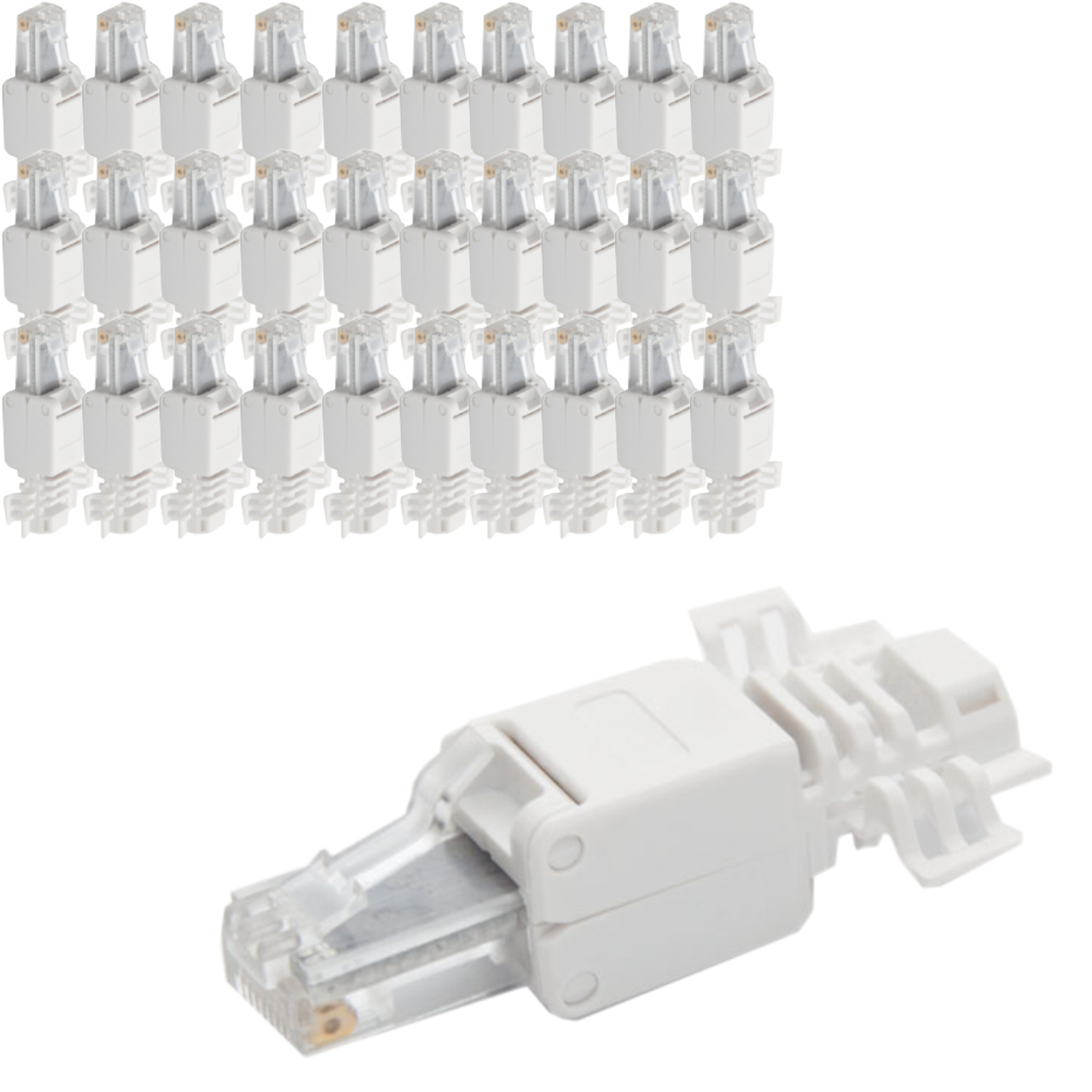 Einzelne und eine Gruppe weißer RJ45-Stecker mit transparenten Kappen.