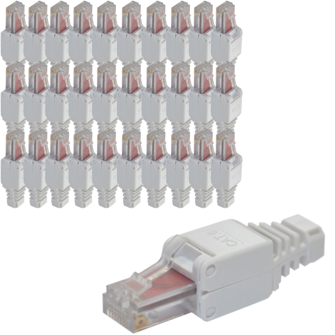 Eine Gruppe weißer CAT.6 Ethernet-Stecker und eine Nahaufnahme.
