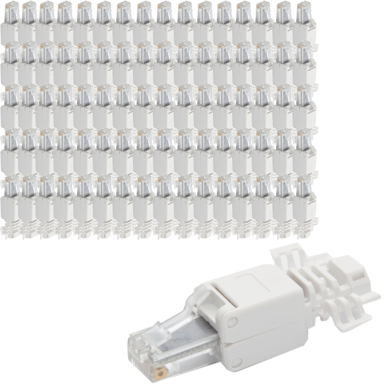Ein Stapel weißer RJ45-Steckverbinder und ein abgetrennter Stecker im Vordergrund.