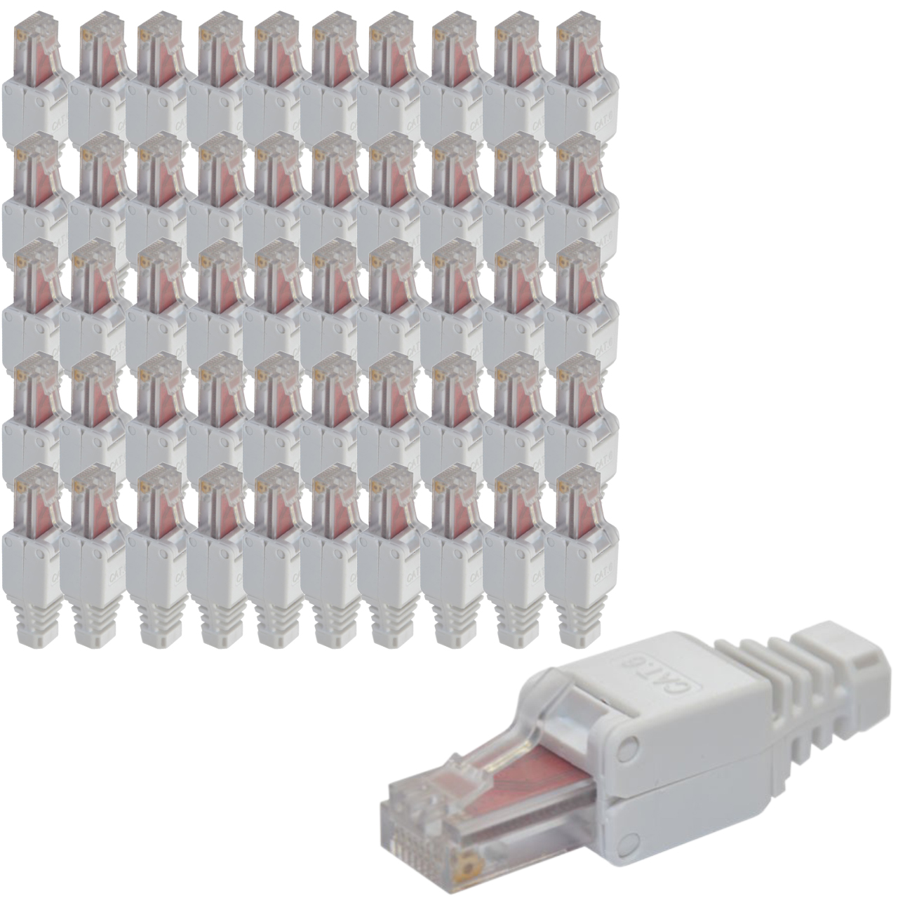 Hunderte weiße CAT6-Steckverbinder mit durchsichtigen Kappen und roten Drähten.