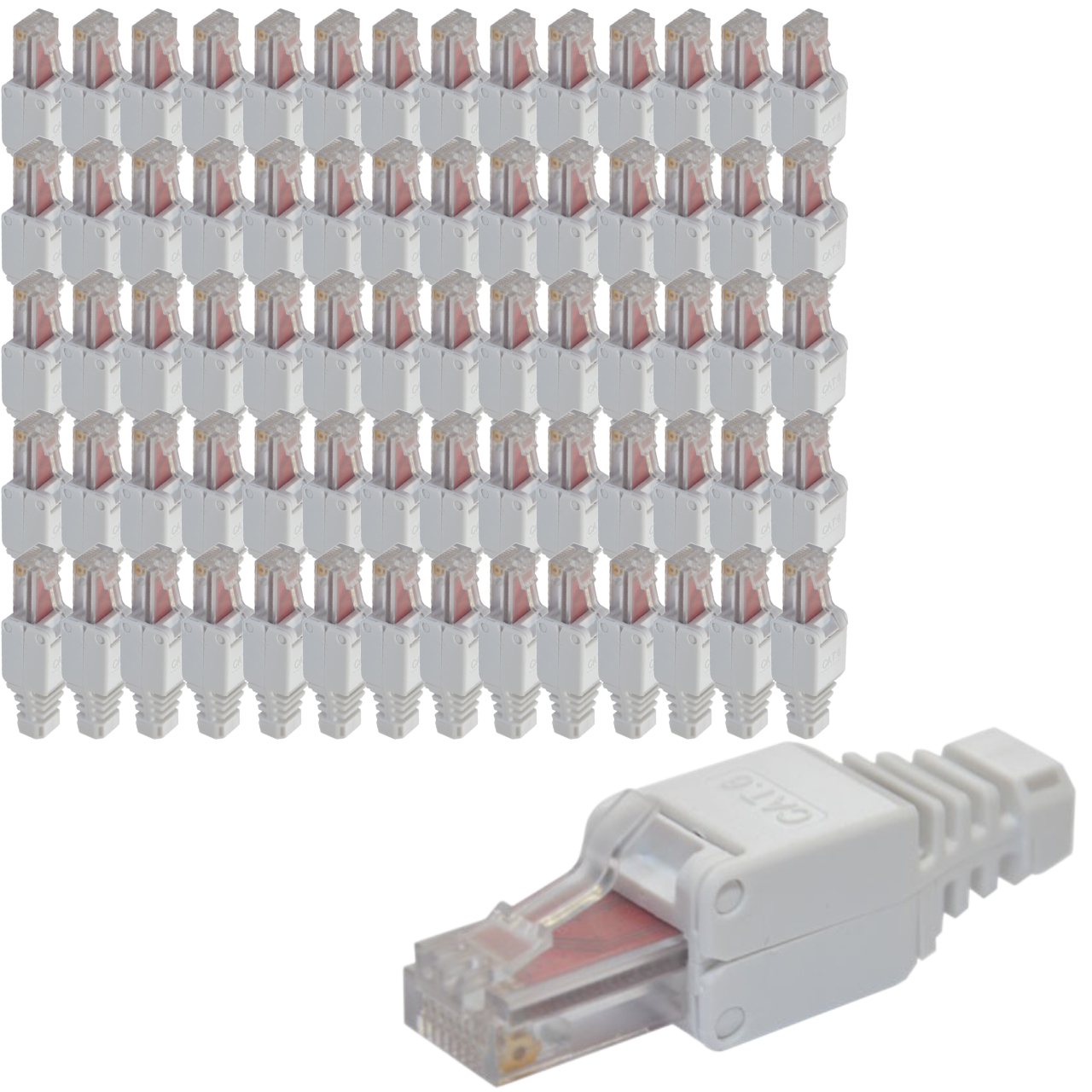 Eine Gruppe von weißen CAT6-Steckern und ein einzelner Stecker im Vordergrund.