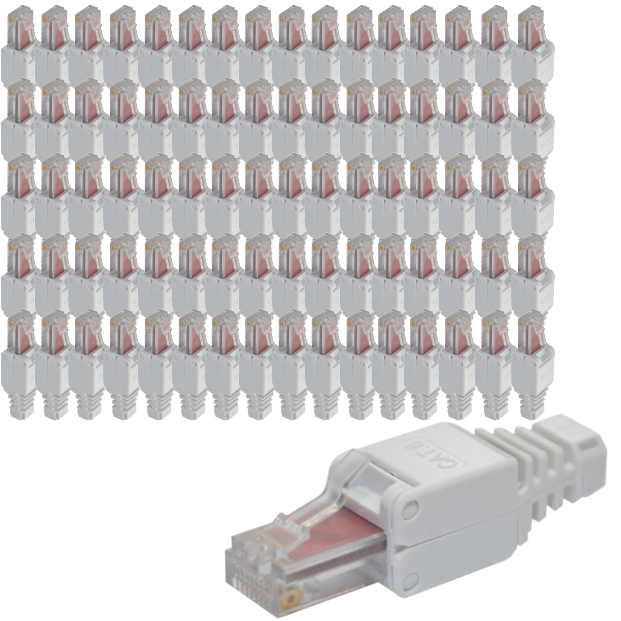Eine große Gruppe weißer CAT.6 RJ45-Stecker und einer im Vordergrund.