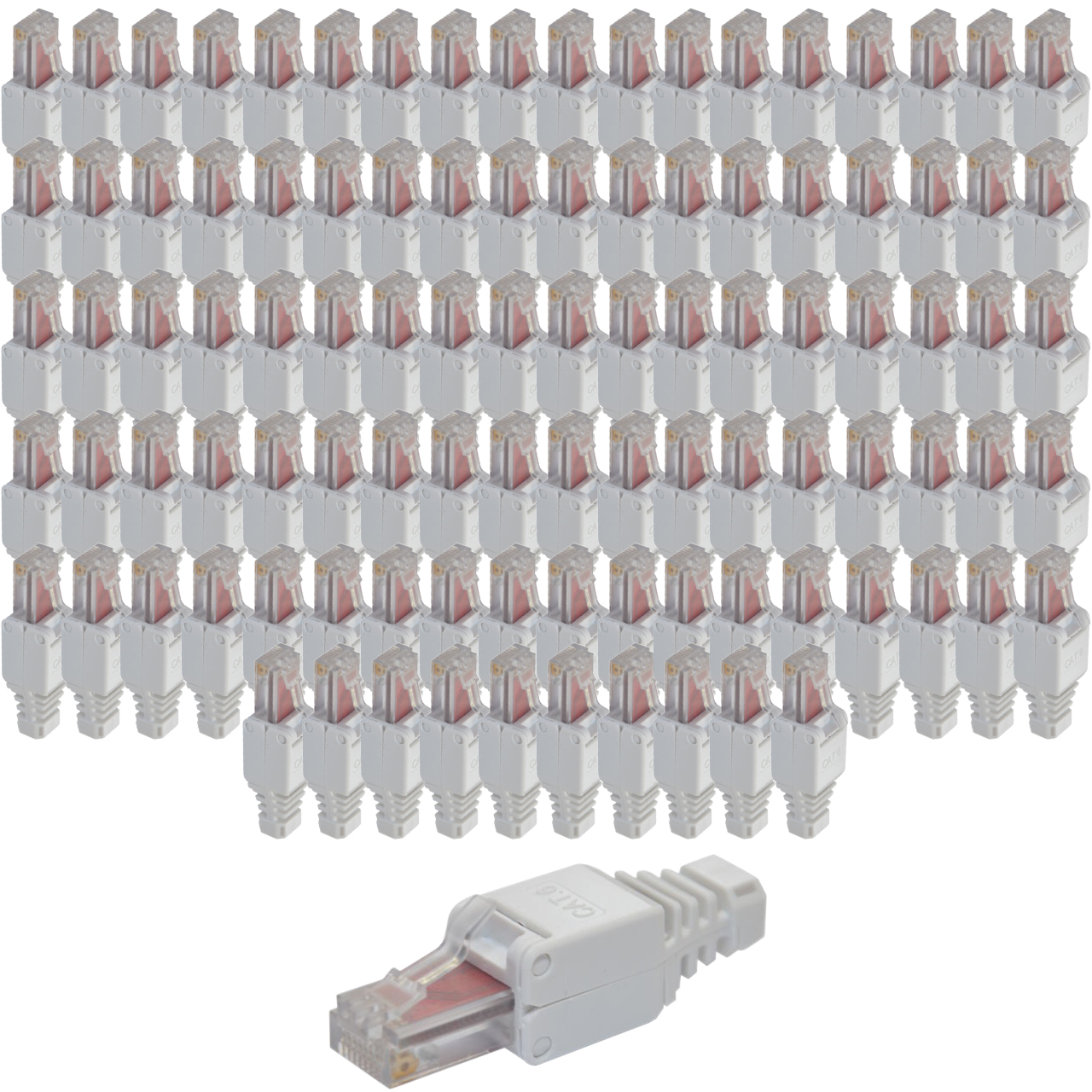 Viele weiße CAT6-Steckverbinder, ein Stecker vorne