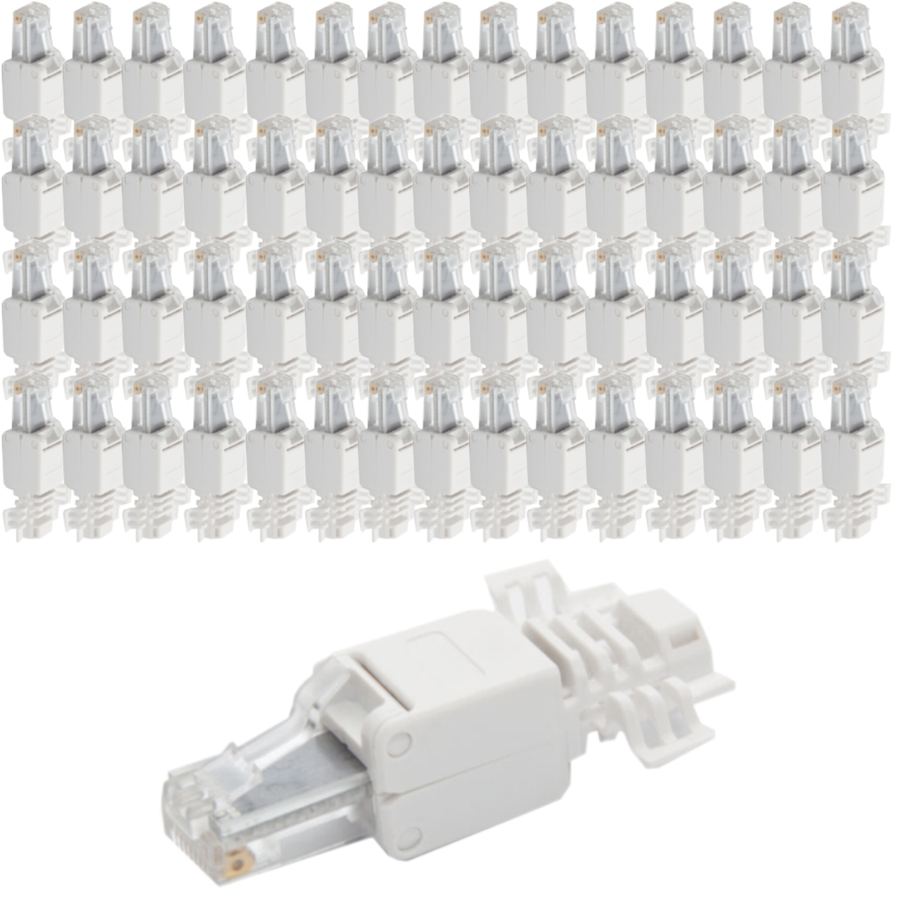 Viele weiße Ethernet-Stecker, einer vorne detailliert.