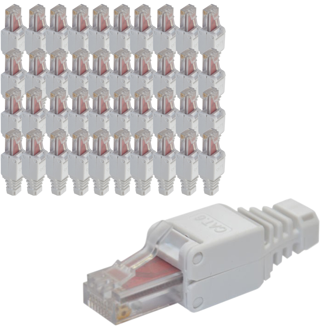 Eine Nahaufnahme von vielen weißen Cat 6-Steckern, einer davon im Vordergrund.