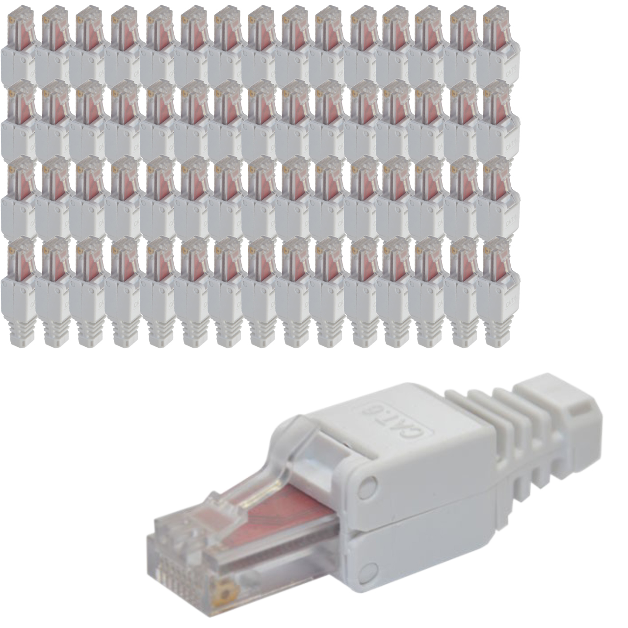 Ein einzelner weißer Cat6-Stecker liegt vor einem Stapel von vielen Steckern.