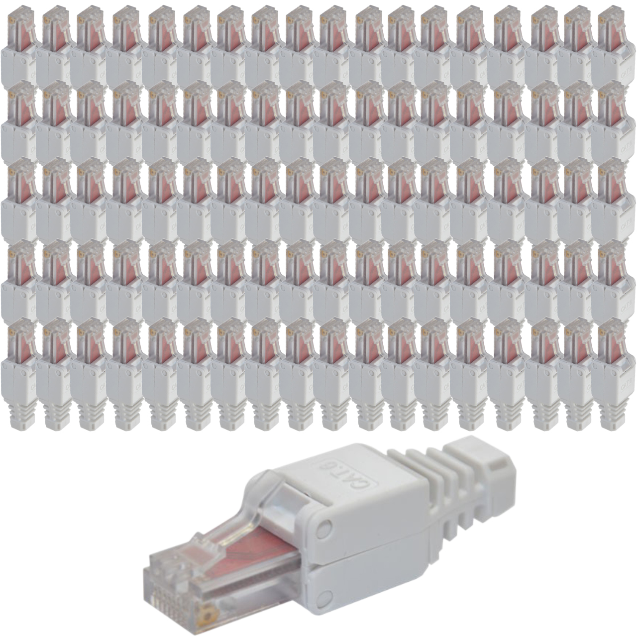 Ein einzelner weißer Ethernet-Stecker vorne, viele hinten.