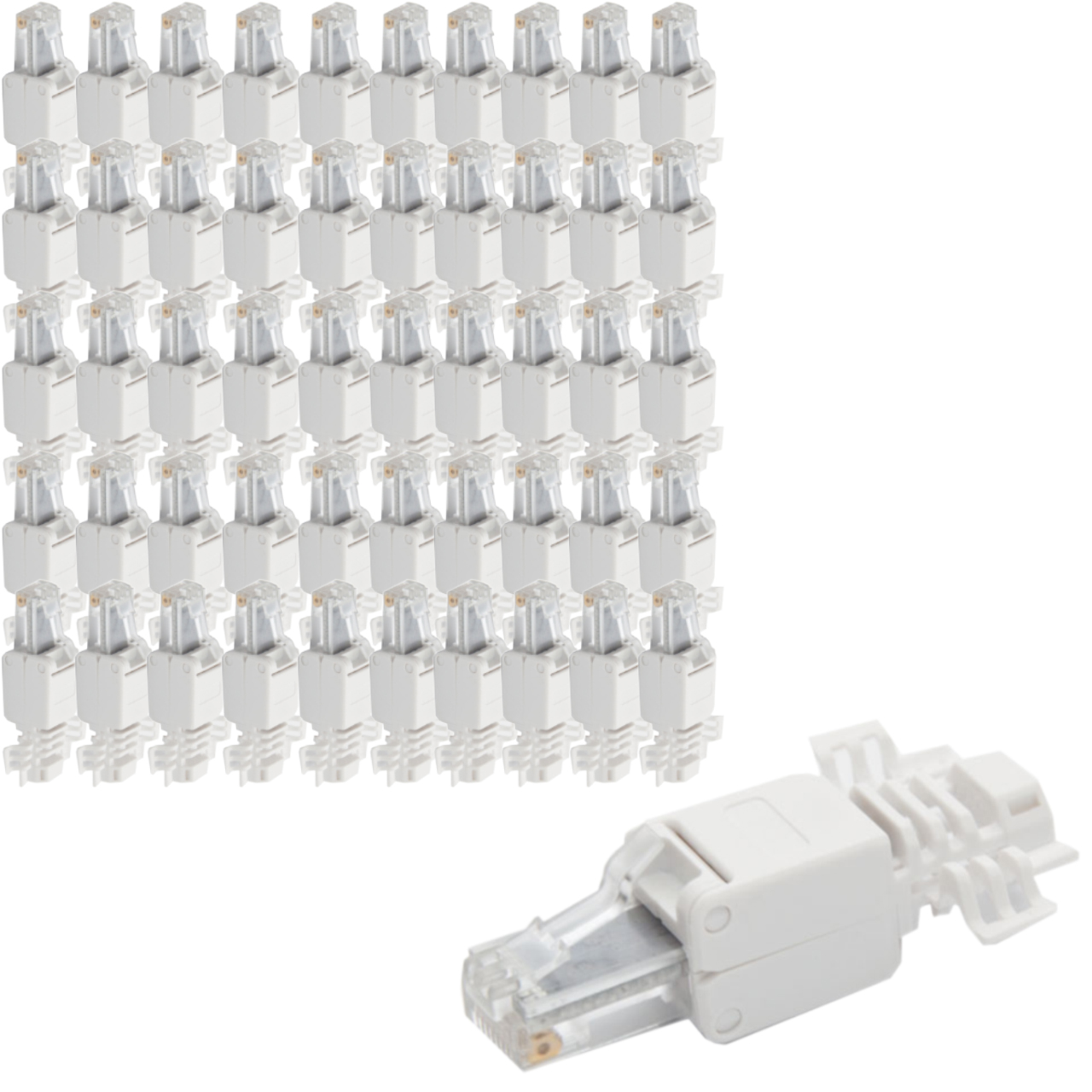 Eine Reihe von weißen RJ45-Steckverbindern. Ein einzelner Stecker ist vorne.