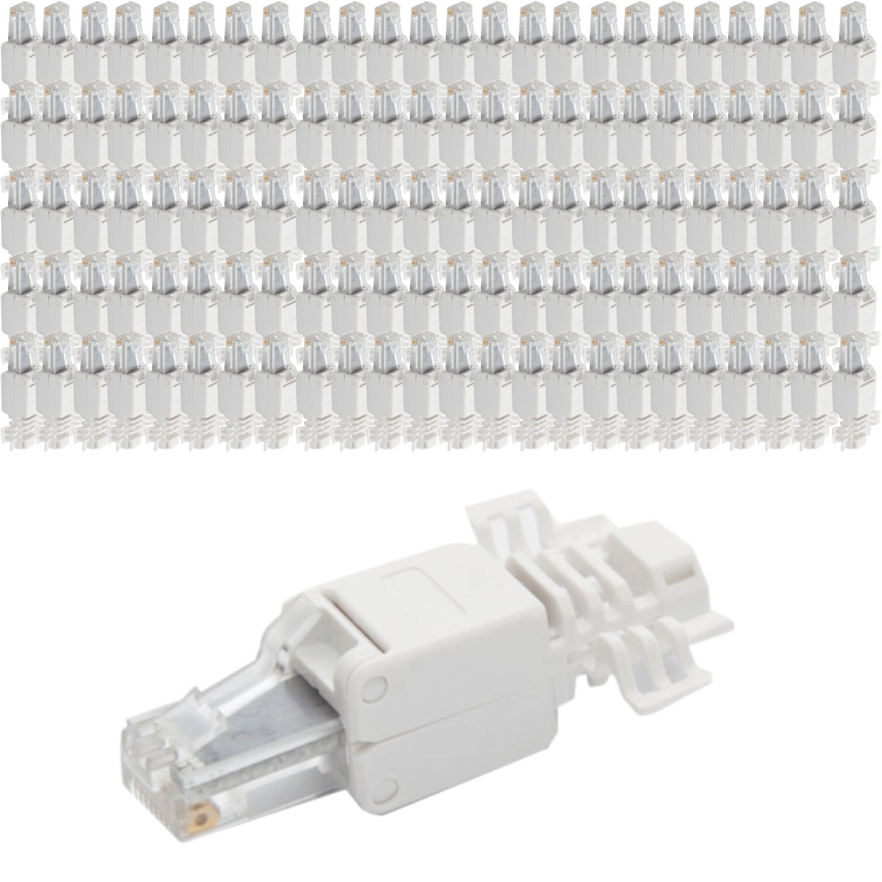 Oben eine Reihe weier Netzwerkstecker, unten ein einzelner Stecker.
