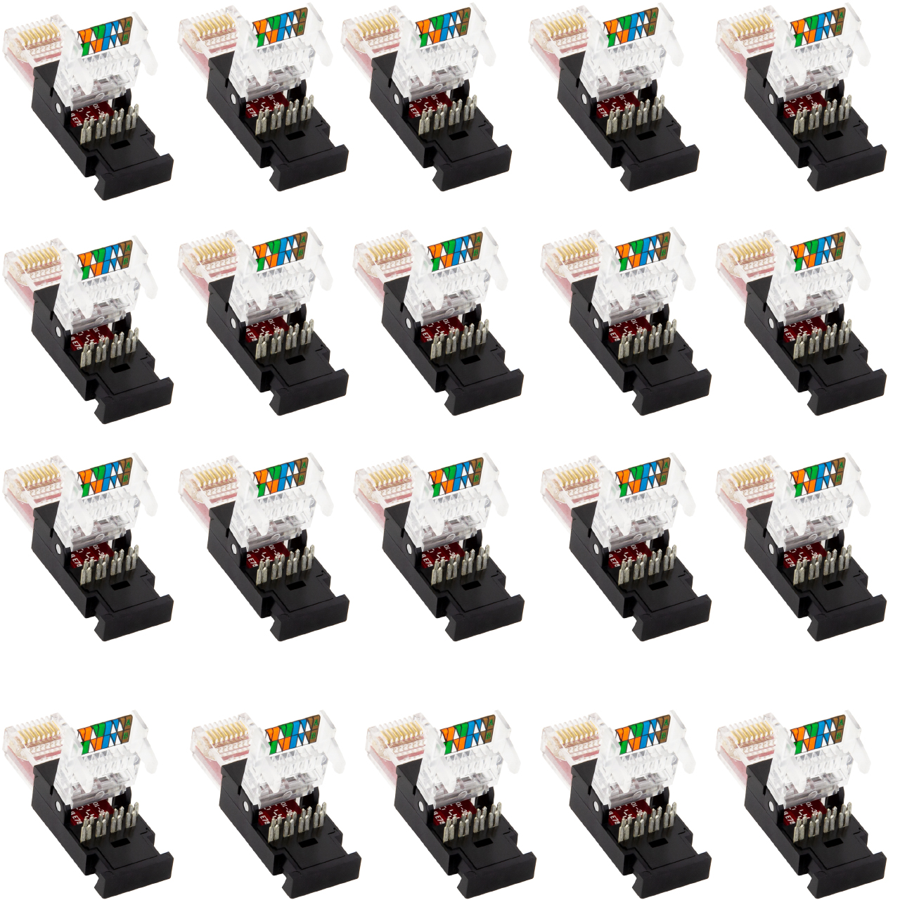15 schwarze Ethernet-Adapter mit transparentem Stecker und Farbcode.