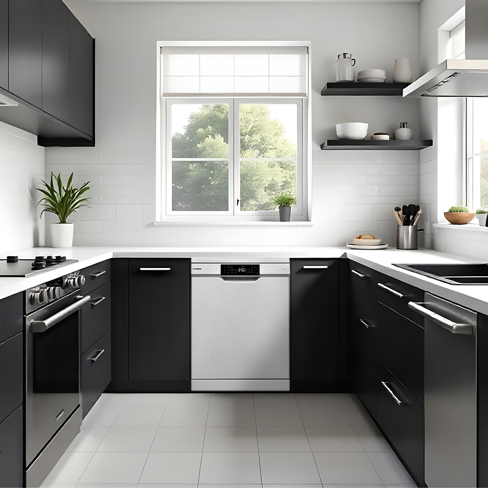 Moderna cocina negra con encimeras blancas, estufa, lavavajillas y ventana.