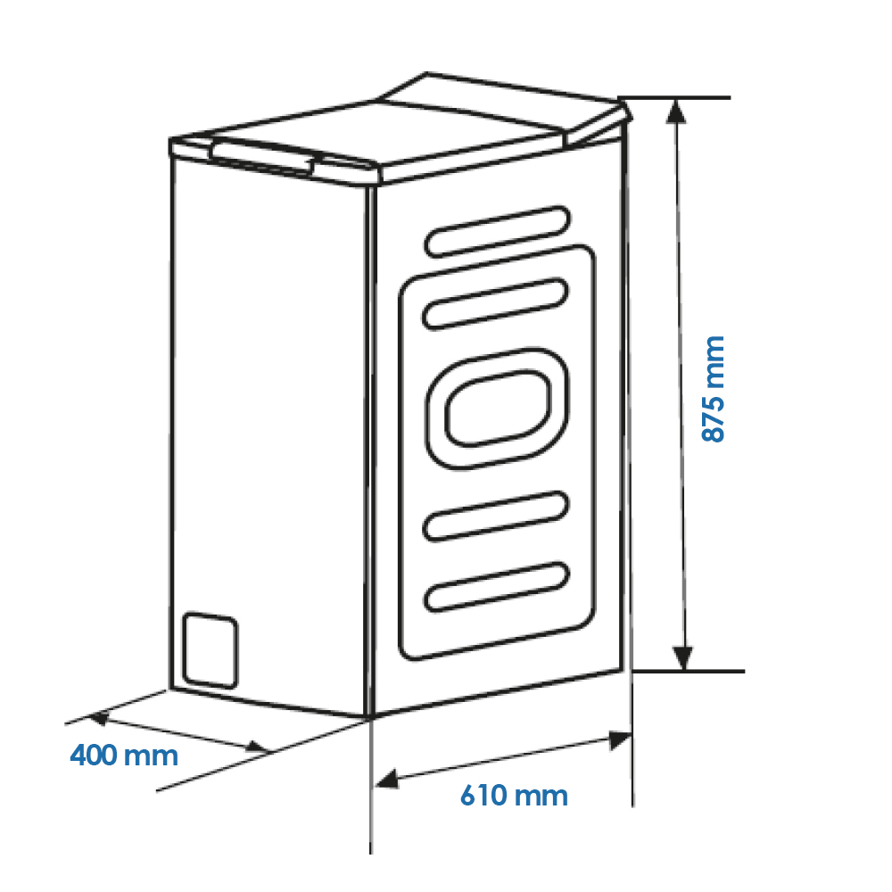 Dibujo técnico de una lavadora con dimensiones: 400 mm, 610 mm, 875 mm.