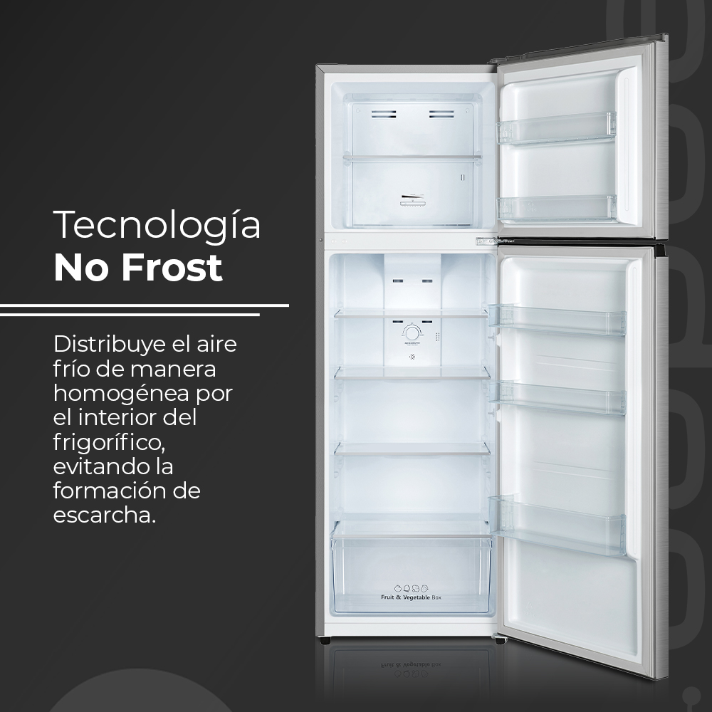 Un refrigerador plateado abierto con tecnología No Frost.