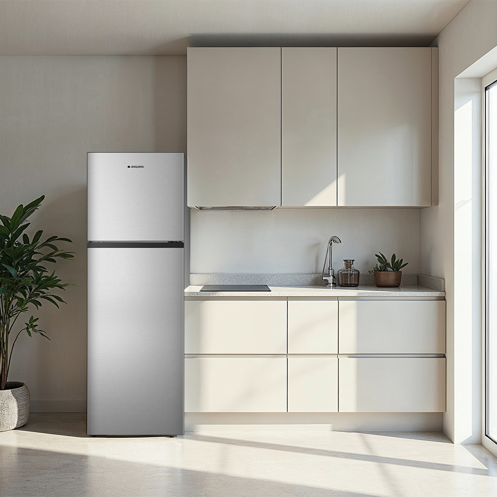 Una cocina moderna con refrigerador plateado, gabinetes crema y una planta.