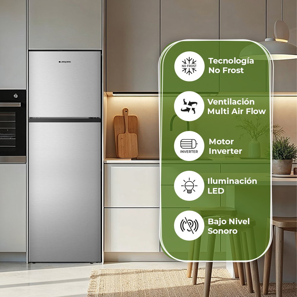 Refrigerador plateado con No Frost, Multi Air Flow, motor Inverter, iluminación LED.