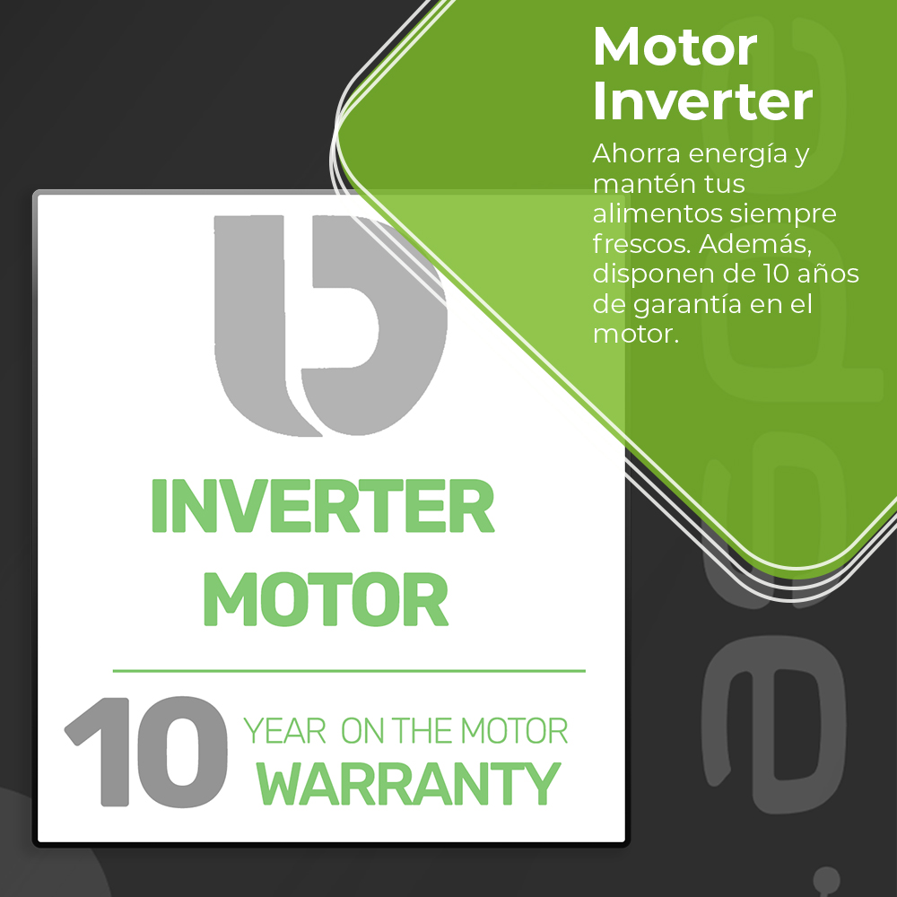 Anuncio de Motor Inverter con 10 años de garantía. Ahorra energía y mantiene alimentos frescos.