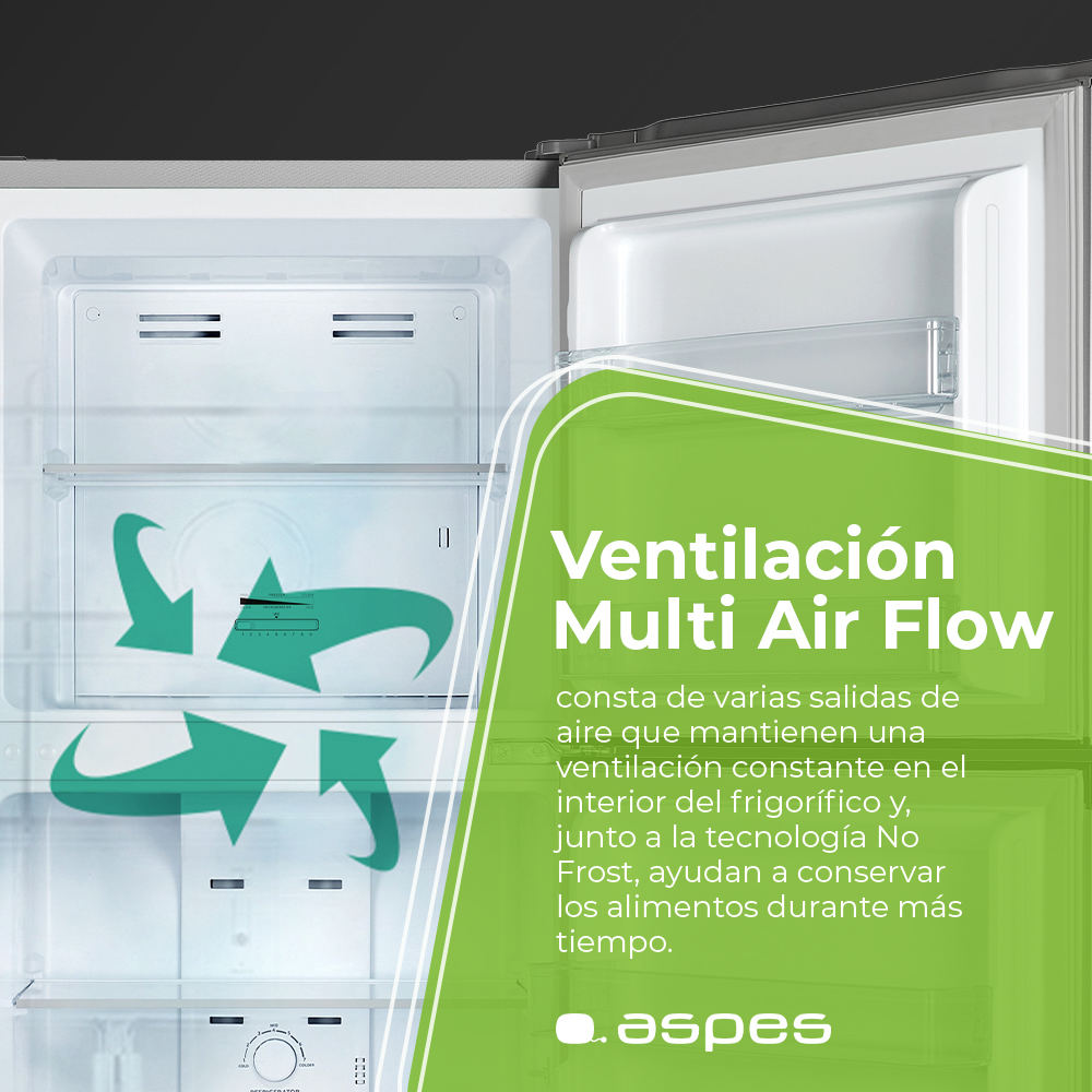 Interior de refrigerador con flechas de circulación de aire. Texto explica Multi Air Flow.