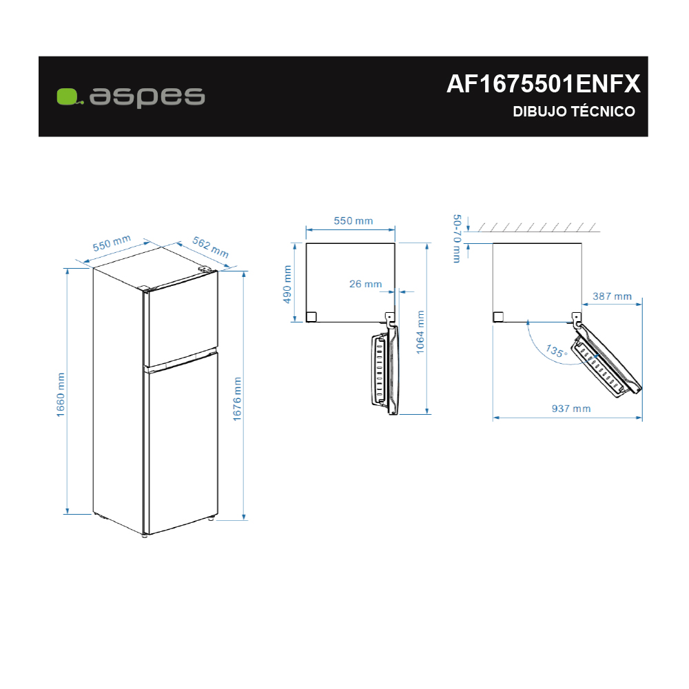 Dibujo técnico de un frigorífico con dimensiones.