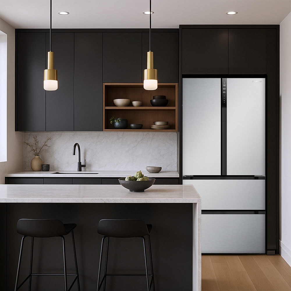 Cocina moderna con frigorífico de acero inoxidable, armarios negros y encimera de mármol.