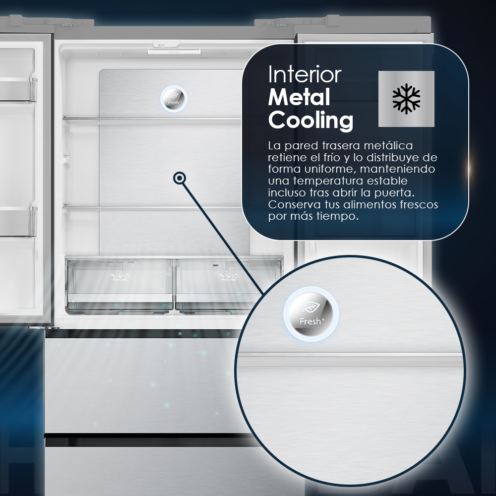 Interior de refrigerador con enfriamiento metálico. Logo "Fresh" visible.