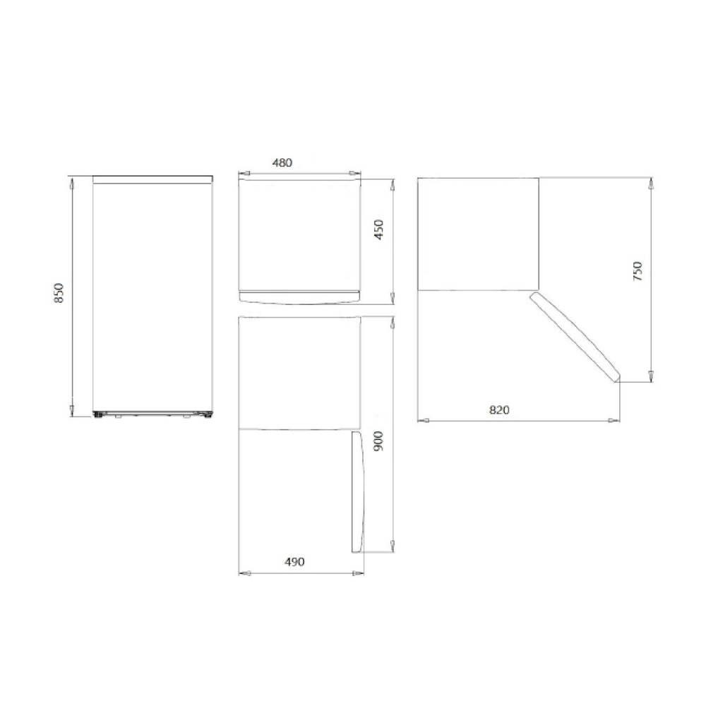 Dibujo técnico de un refrigerador con dimensiones.
