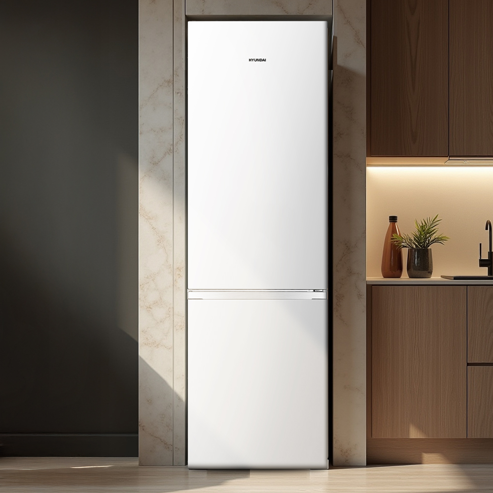 Refrigerador blanco con cajón congelador doble junto a gabinetes de cocina.