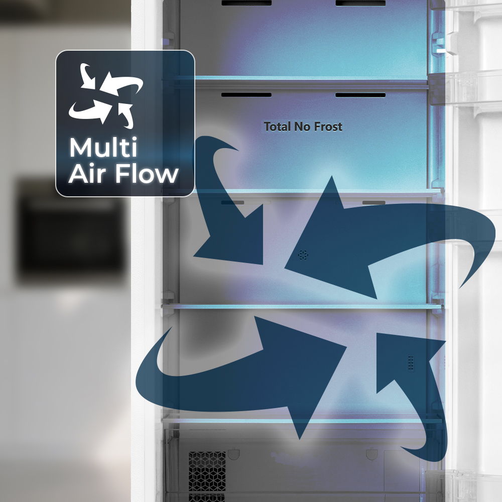 Símbolo de Multi Air Flow y flechas azules mostrando circulación de aire en un refrigerador.