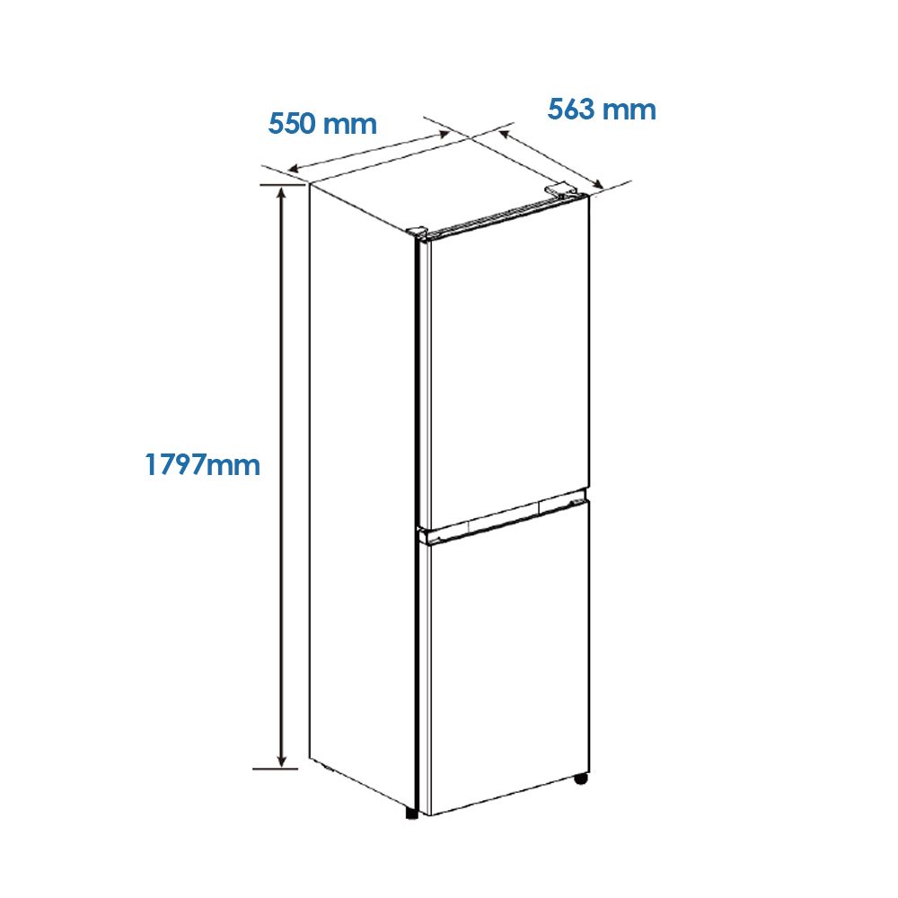 Refrigerador con dimensiones: Alto 1797 mm, Ancho 550 mm, Prof. 563 mm.