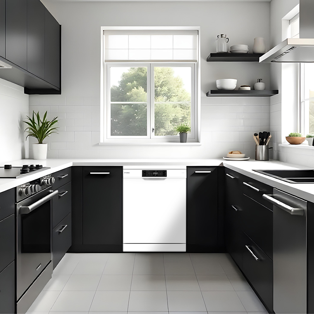 Cocina moderna negra con azulejos blancos, estufa, lavavajillas y ventana.