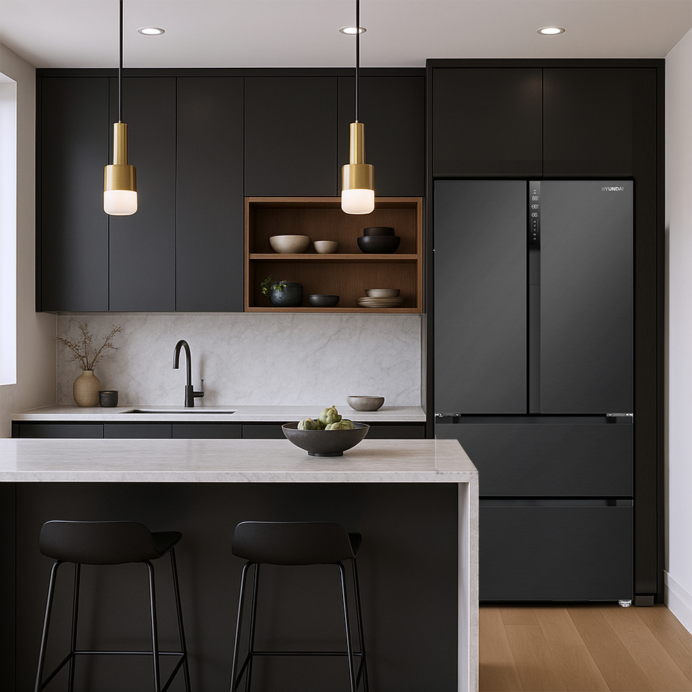 Moderna cocina negra con frigorífico, mostrador, dos taburetes y lámparas colgantes.