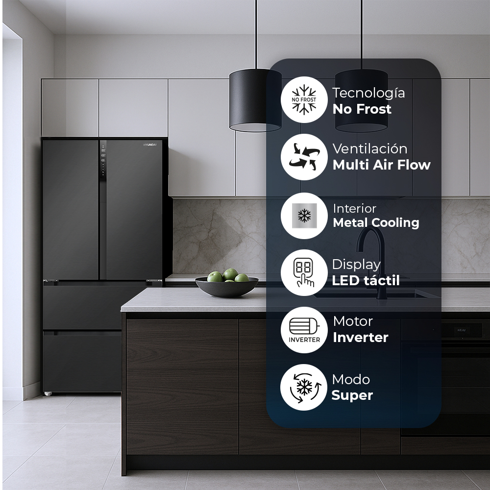 Refrigerador negro moderno con funciones como No Frost, Multi Air Flow, Metal Cooling.