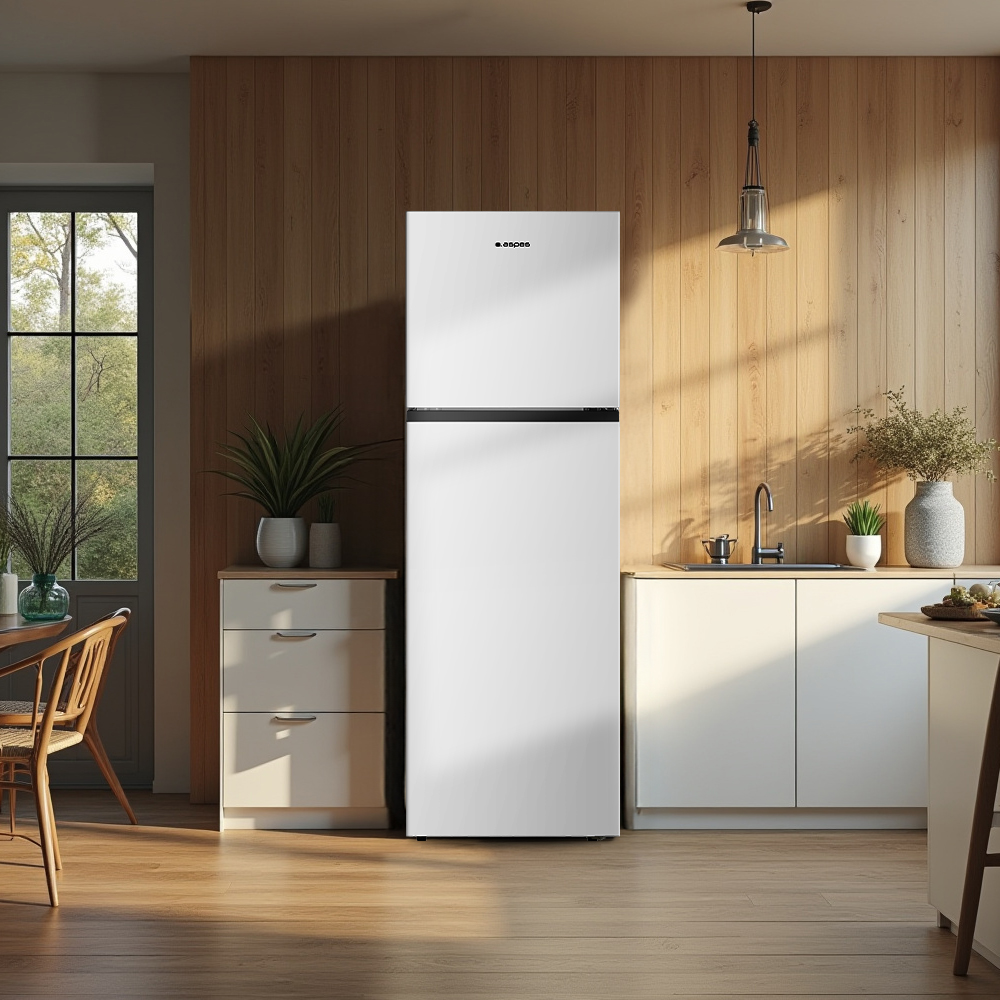 Un refrigerador blanco se encuentra en una cocina con pared y suelo de madera.