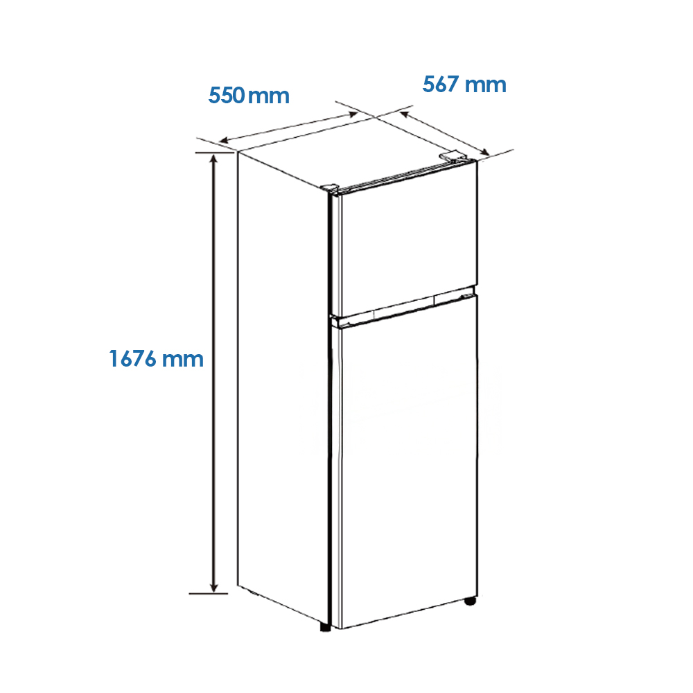 Refrigerador de dos puertas con dimensiones: Alto 1676 mm, Ancho 550 mm, Prof. 567 mm.