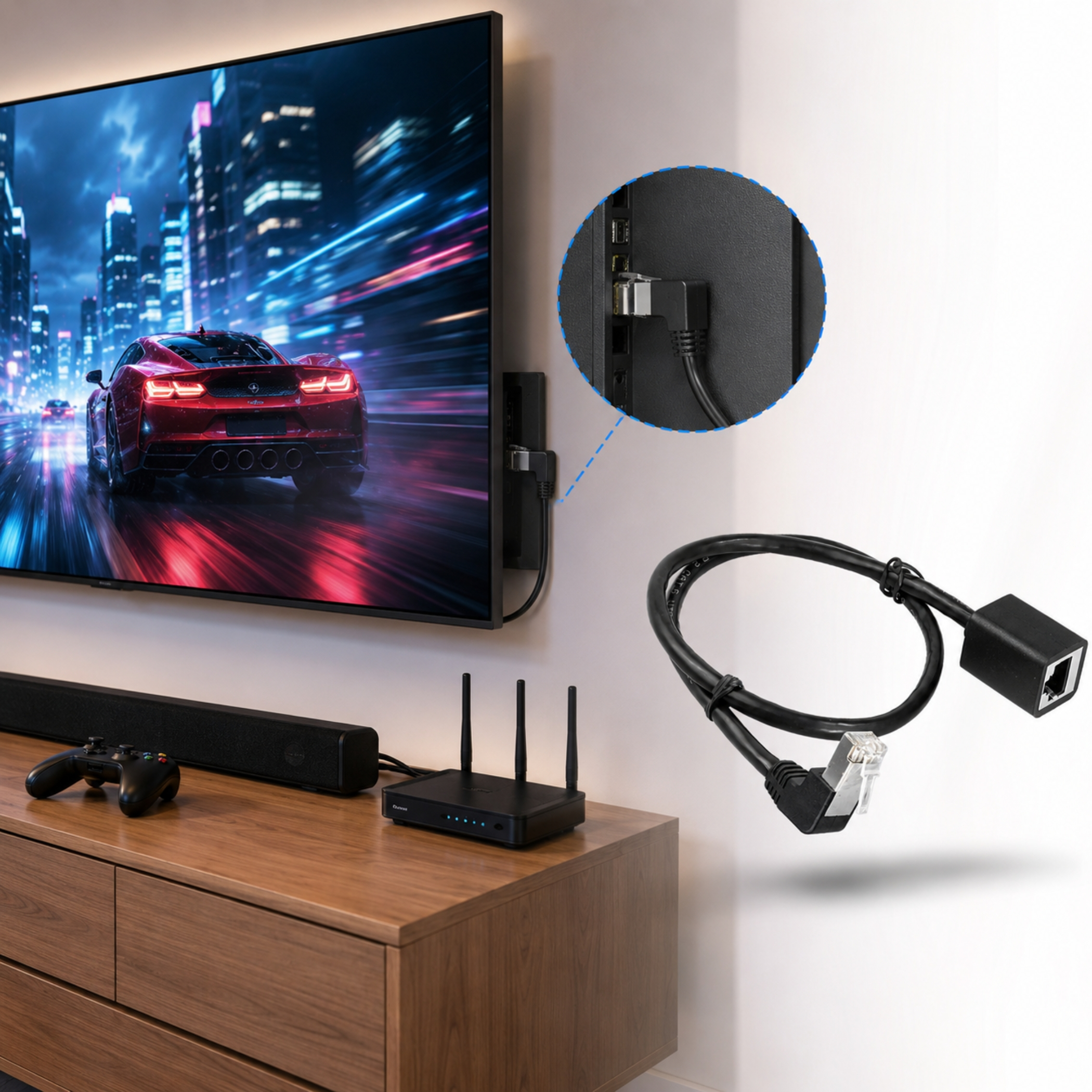 Ein Fernseher zeigt einen roten Sportwagen auf einer Stadtstraße. Ein Adapter ist am Anschluss des Fernsehers.