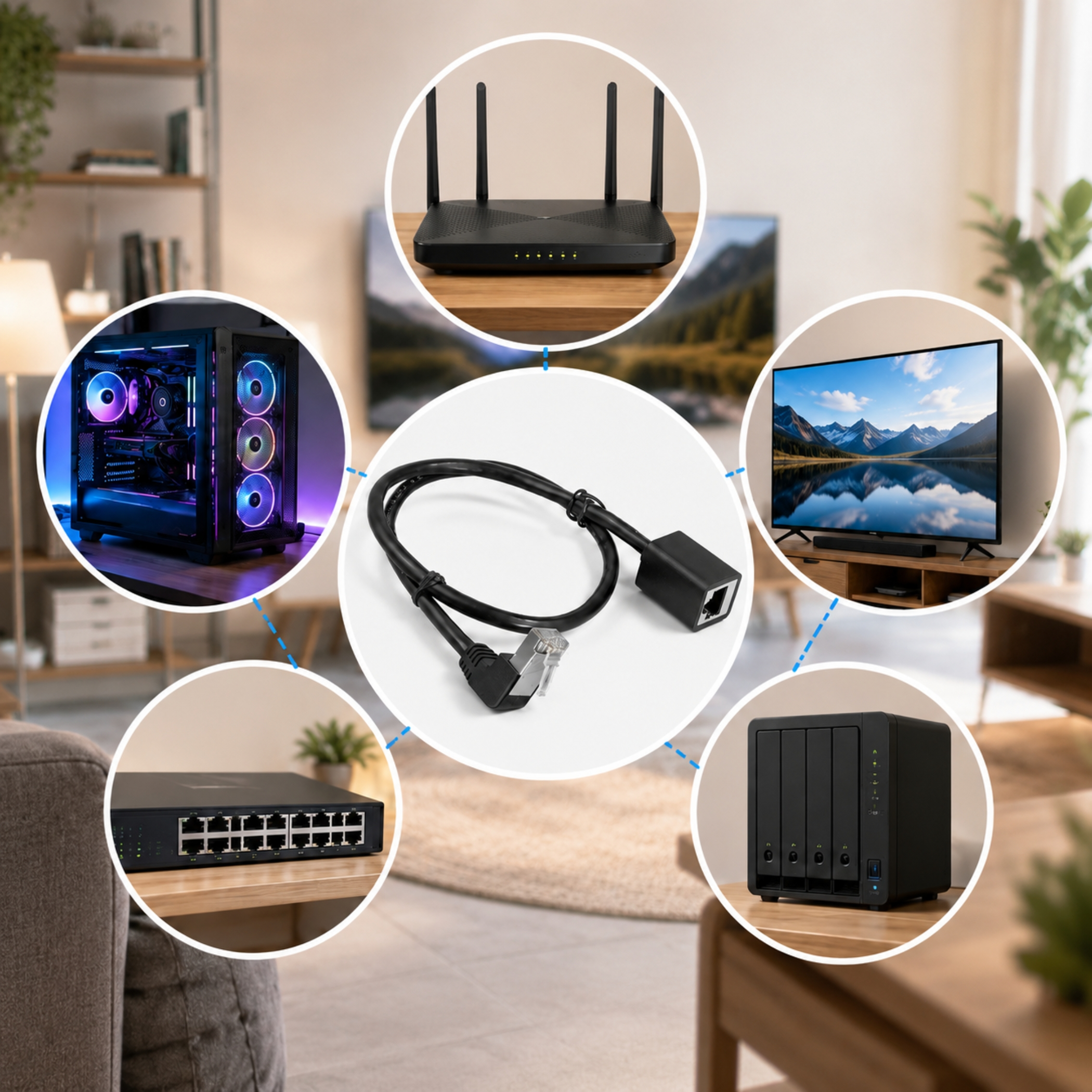 Ein schwarzes Netzwerkkabel mit abgewinkeltem Stecker und Adapter, verbunden mit PC, Router, NAS und TV.