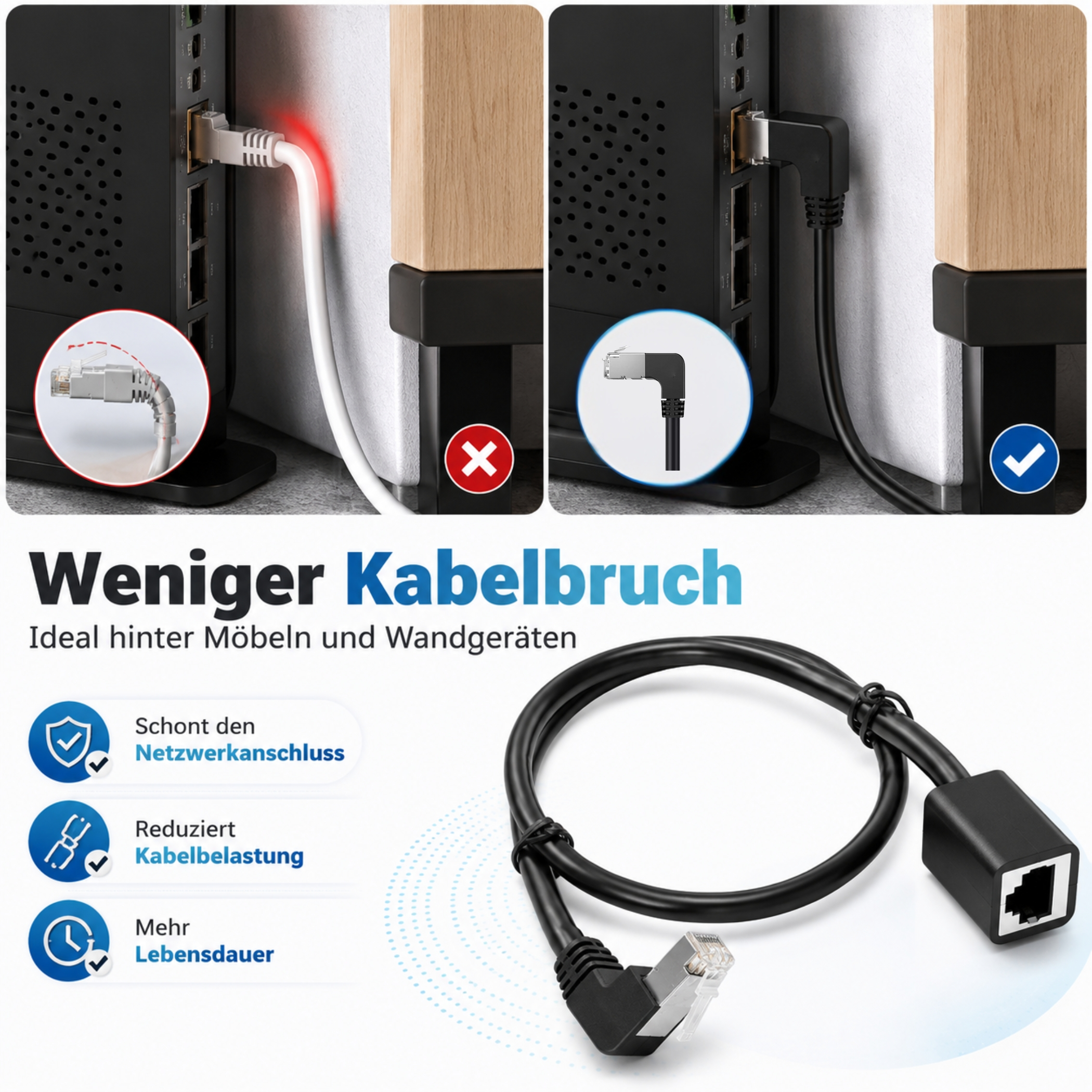 Vergleich eines normalen und eines abgewinkelten Netzwerkkabels hinter Geräten.