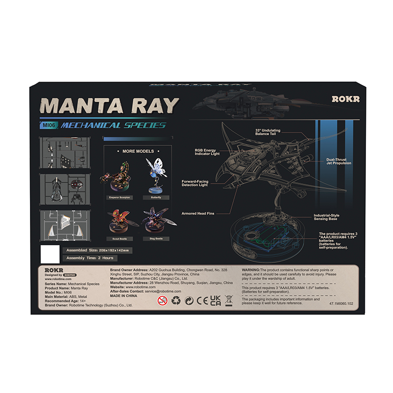 Manta Ray mekanik model kiti ambalajı, model genel bakışı, detayları ve uyarıları içerir.