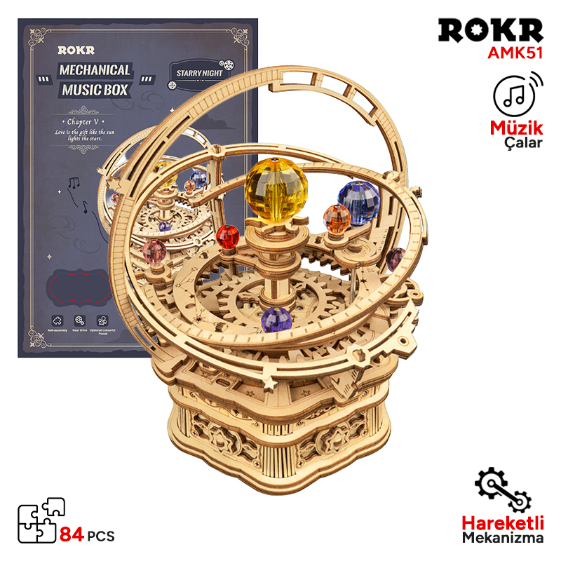 Ahşap mekanik müzik kutusu modeli, dişliler ve renkli küreler. 84 parça.