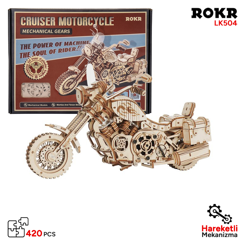 Detaylı mekanik ve aksesuarlara sahip ahşap kruvazör motosiklet modeli.