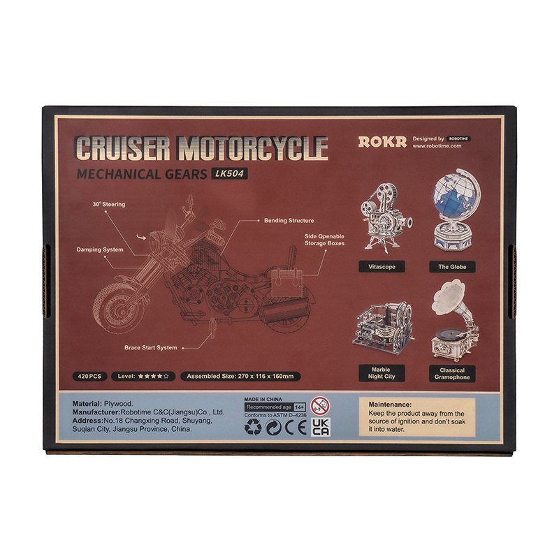 Motosiklet şeması ve model kitleri içeren kutu: Vitascope, Küre, Gramofon.