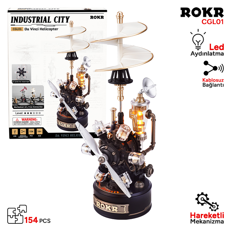 Pervaneler, dişliler ve LED ışıklı Steampunk helikopter modeli.