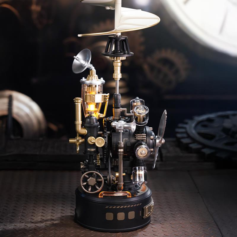 Karmaşık dişliler, pirinç borular, pervane ve ışıkla steampunk makinesi.