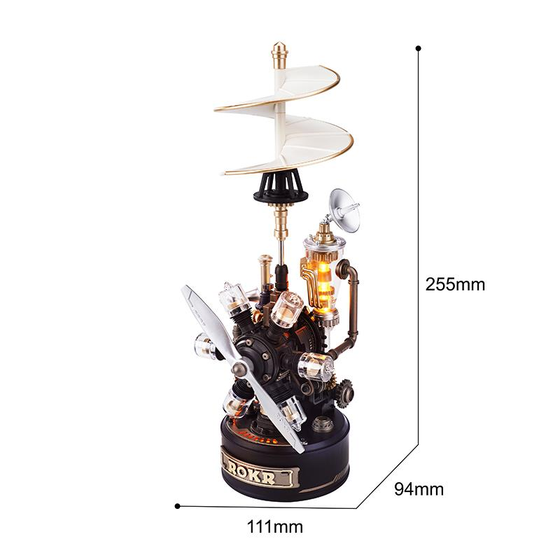 Pervaneli, ışıklı, spiral üstlü Steampunk model motor. Boyutlar gösteriliyor.