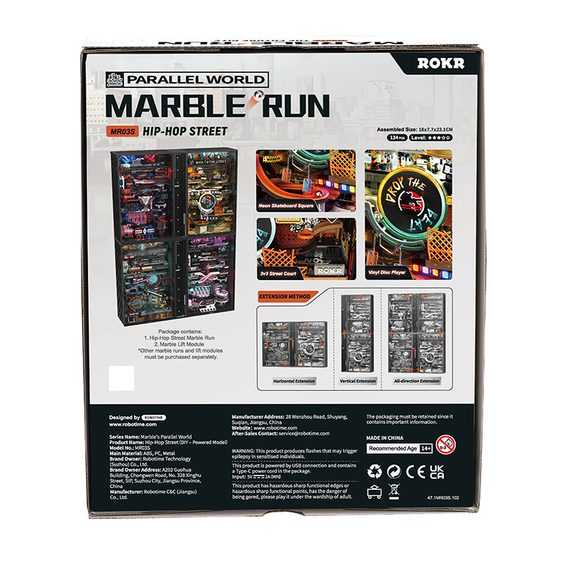 Hip-Hop temalı Marble Run yapım seti ambalajı, modelini ve uzantılarını gösteriyor.