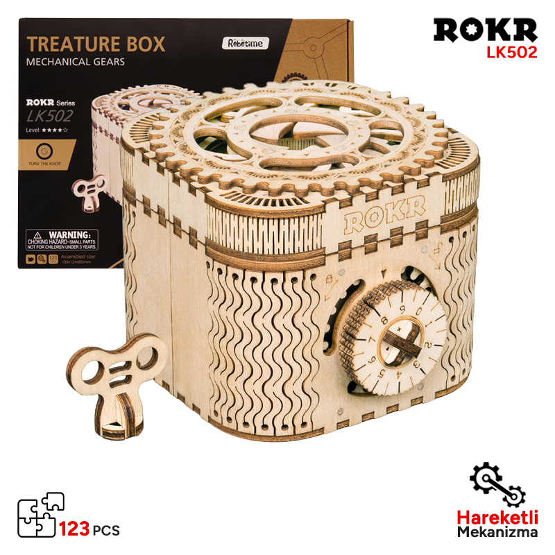 Dişliler ve anahtarlı ahşap hazine kutusu. ROKR LK502 modeli.