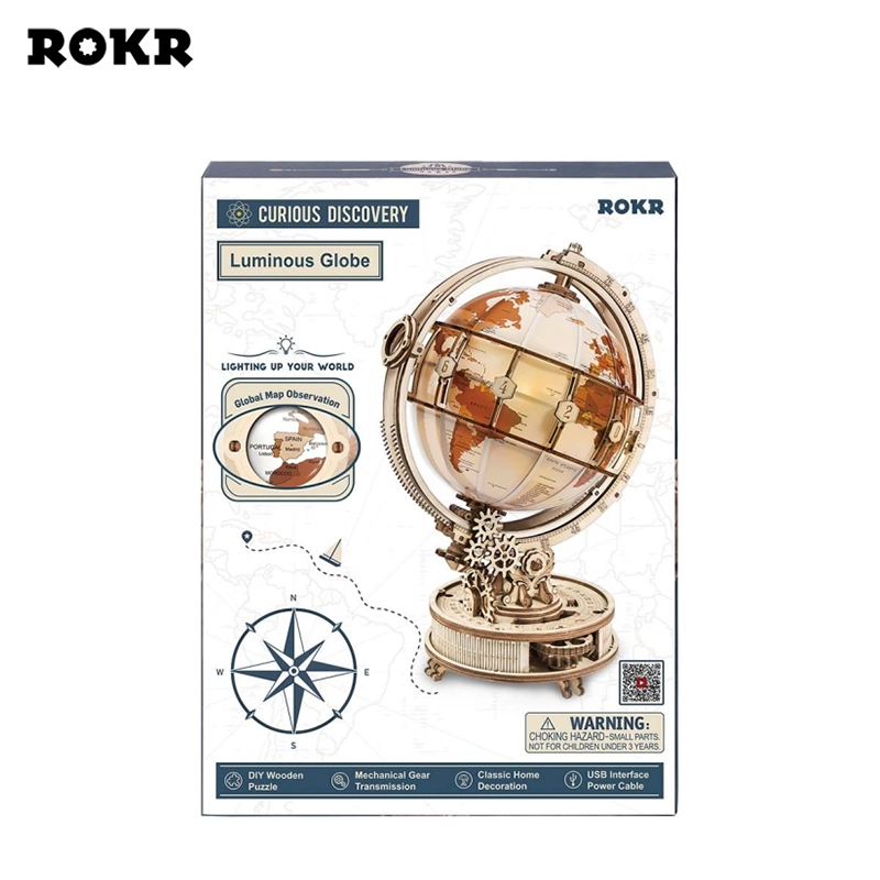 ROKR Luminous Globe kutusu, ahşap küre, pusula ve uyarı etiketi ile.